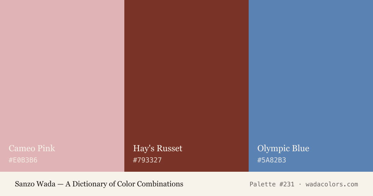 Sanzo Wada color palette #231: Cameo Pink, Hay's Russet, Olympic Blue, with hex codes