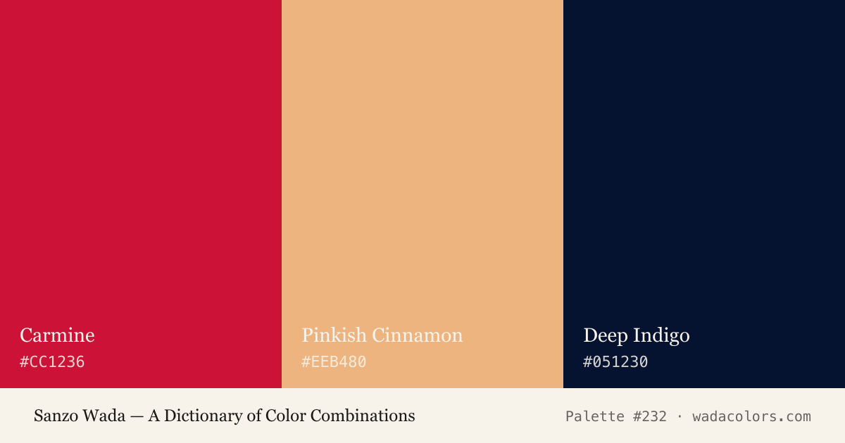 Sanzo Wada color palette #232: Carmine, Pinkish Cinnamon, Deep Indigo, with hex codes