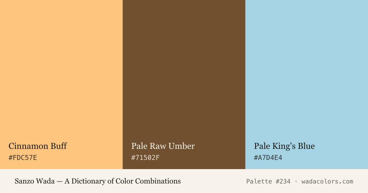 Sanzo Wada color palette #234: Cinnamon Buff, Pale Raw Umber, Pale King's Blue, with hex codes