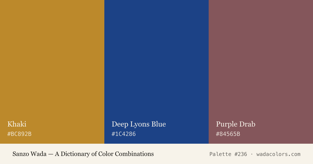 Sanzo Wada color palette #236: Khaki, Deep Lyons Blue, Purple Drab, with hex codes