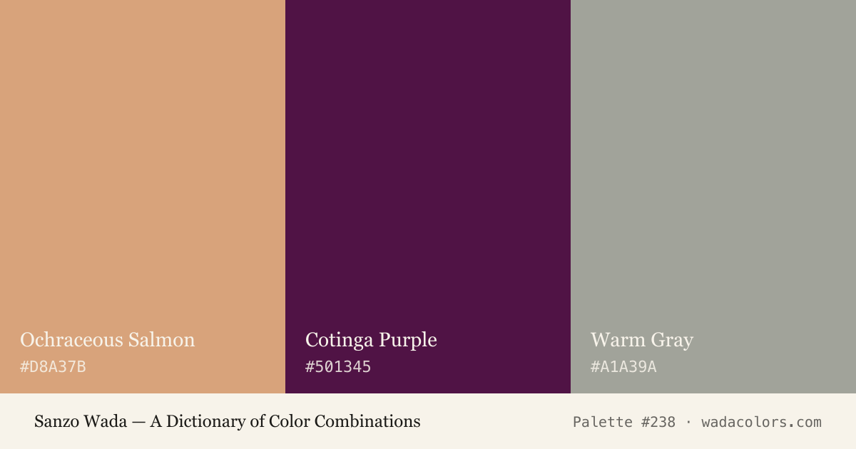 Sanzo Wada color palette #238: Ochraceous Salmon, Cotinga Purple, Warm Gray, with hex codes
