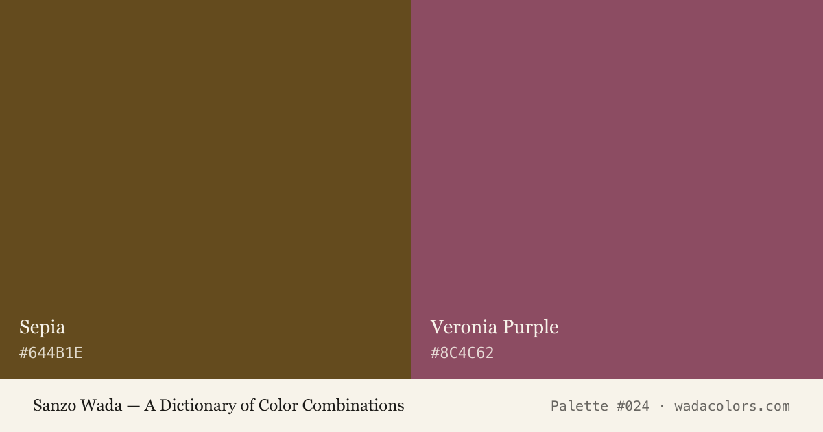 Sanzo Wada color palette #024: Sepia, Veronia Purple, with hex codes