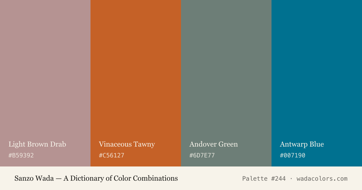 Sanzo Wada color palette #244: Light Brown Drab, Vinaceous Tawny, Andover Green, Antwarp Blue, with hex codes