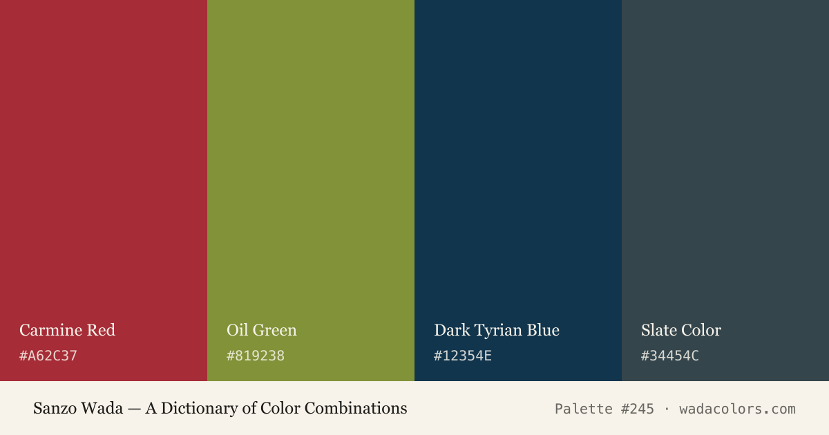 Sanzo Wada color palette #245: Carmine Red, Oil Green, Dark Tyrian Blue, Slate Color, with hex codes