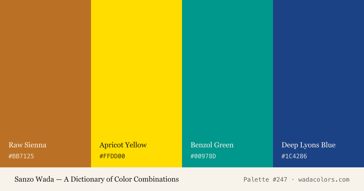 Sanzo Wada color palette #247: Raw Sienna, Apricot Yellow, Benzol Green, Deep Lyons Blue, with hex codes