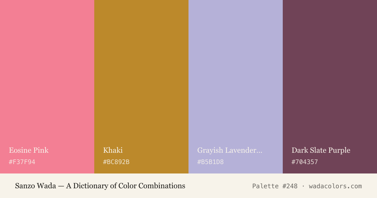 Sanzo Wada color palette #248: Eosine Pink, Khaki, Grayish Lavender - A, Dark Slate Purple, with hex codes