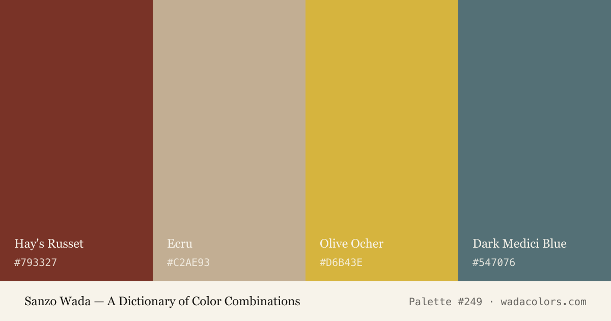 Sanzo Wada color palette #249: Hay's Russet, Ecru, Olive Ocher, Dark Medici Blue, with hex codes