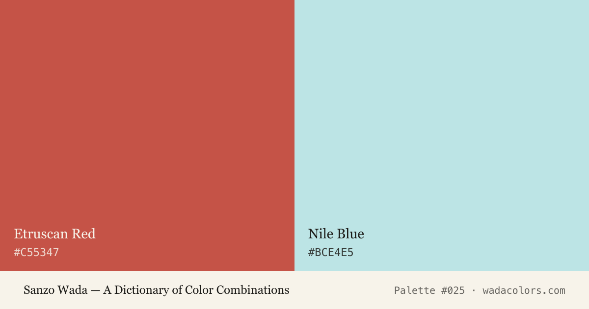Sanzo Wada color palette #025: Etruscan Red, Nile Blue, with hex codes