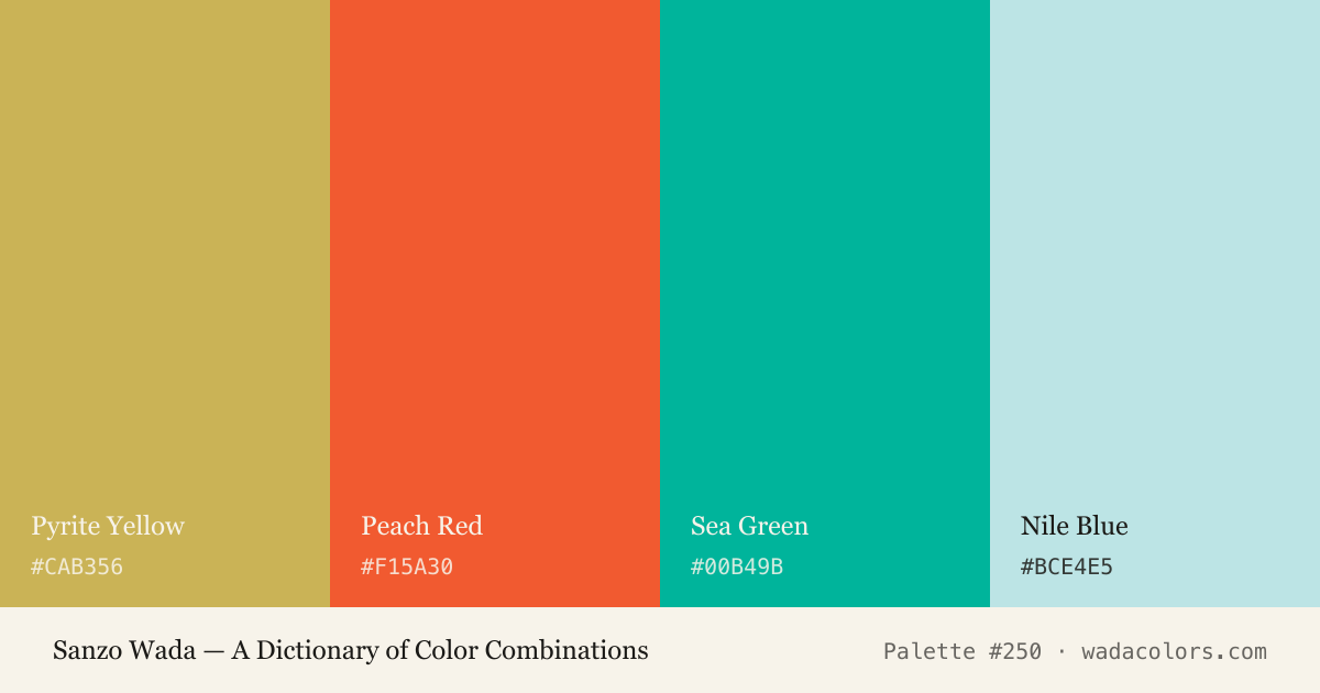 Sanzo Wada color palette #250: Pyrite Yellow, Peach Red, Sea Green, Nile Blue, with hex codes