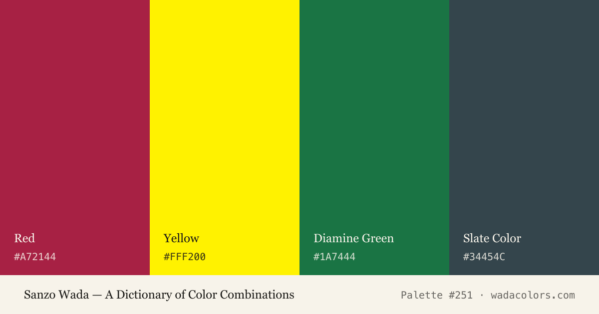 Sanzo Wada color palette #251: Red, Yellow, Diamine Green, Slate Color, with hex codes
