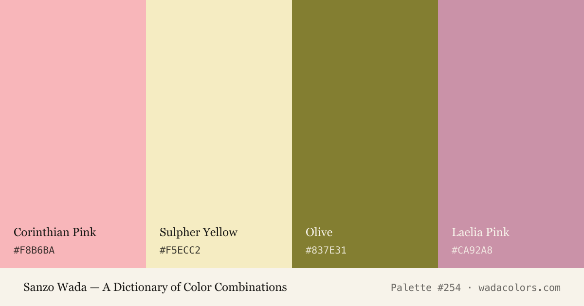Sanzo Wada color palette #254: Corinthian Pink, Sulpher Yellow, Olive, Laelia Pink, with hex codes