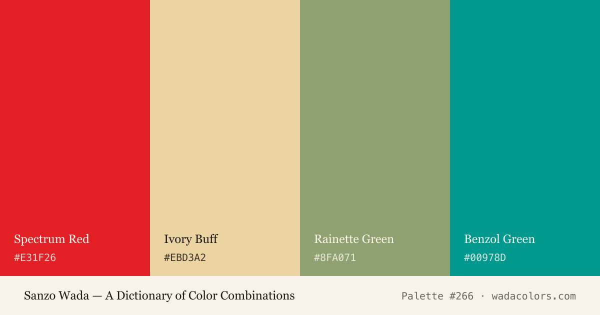 Sanzo Wada color palette #266: Spectrum Red, Ivory Buff, Rainette Green, Benzol Green, with hex codes