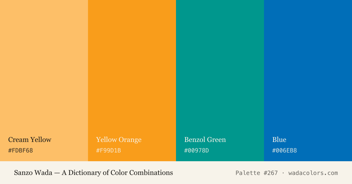 Sanzo Wada color palette #267: Cream Yellow, Yellow Orange, Benzol Green, Blue, with hex codes