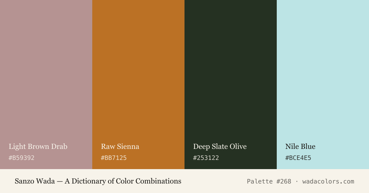 Sanzo Wada color palette #268: Light Brown Drab, Raw Sienna, Deep Slate Olive, Nile Blue, with hex codes