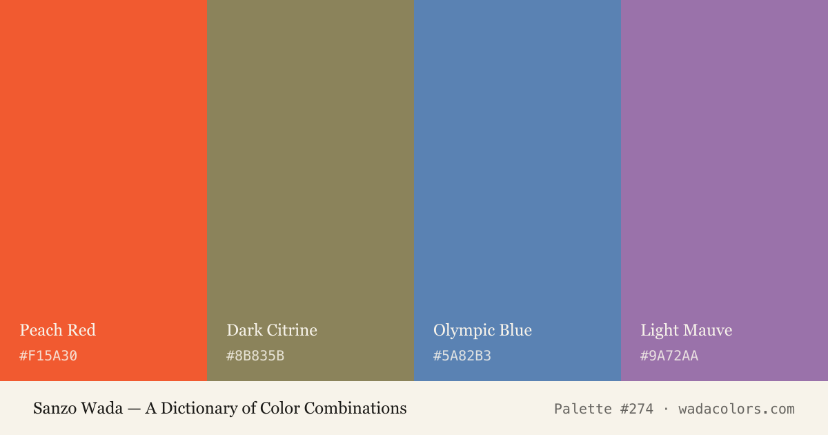 Sanzo Wada color palette #274: Peach Red, Dark Citrine, Olympic Blue, Light Mauve, with hex codes