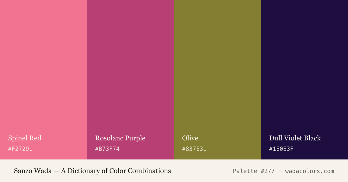 Sanzo Wada color palette #277: Spinel Red, Rosolanc Purple, Olive, Dull Violet Black, with hex codes