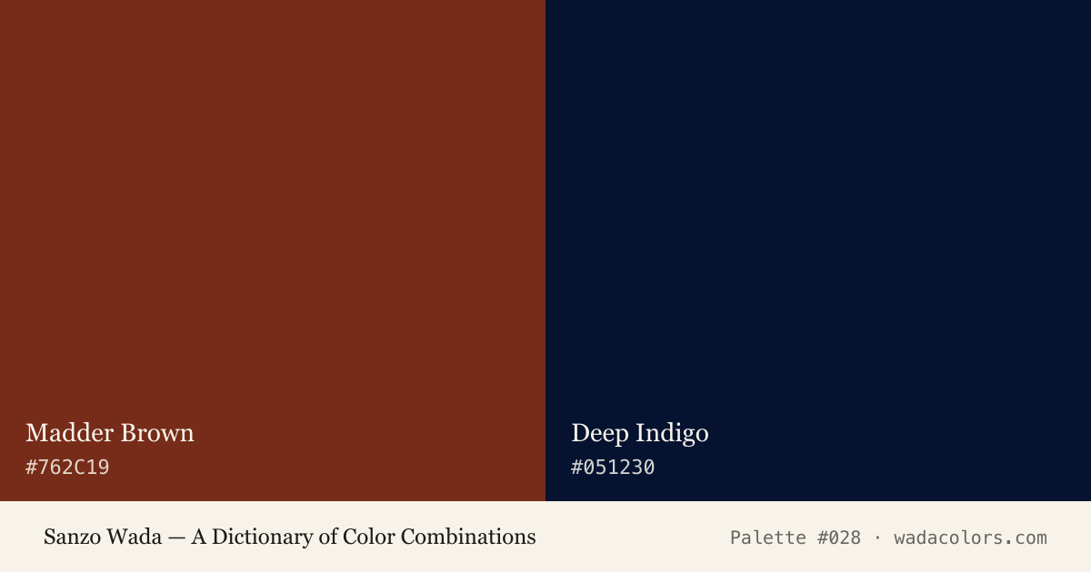 Sanzo Wada color palette #028: Madder Brown, Deep Indigo, with hex codes