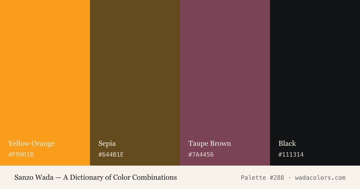 Sanzo Wada color palette #288: Yellow Orange, Sepia, Taupe Brown, Black, with hex codes