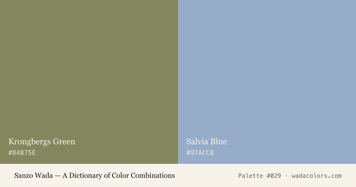 Sanzo Wada color palette #029: Krongbergs Green, Salvia Blue, with hex codes