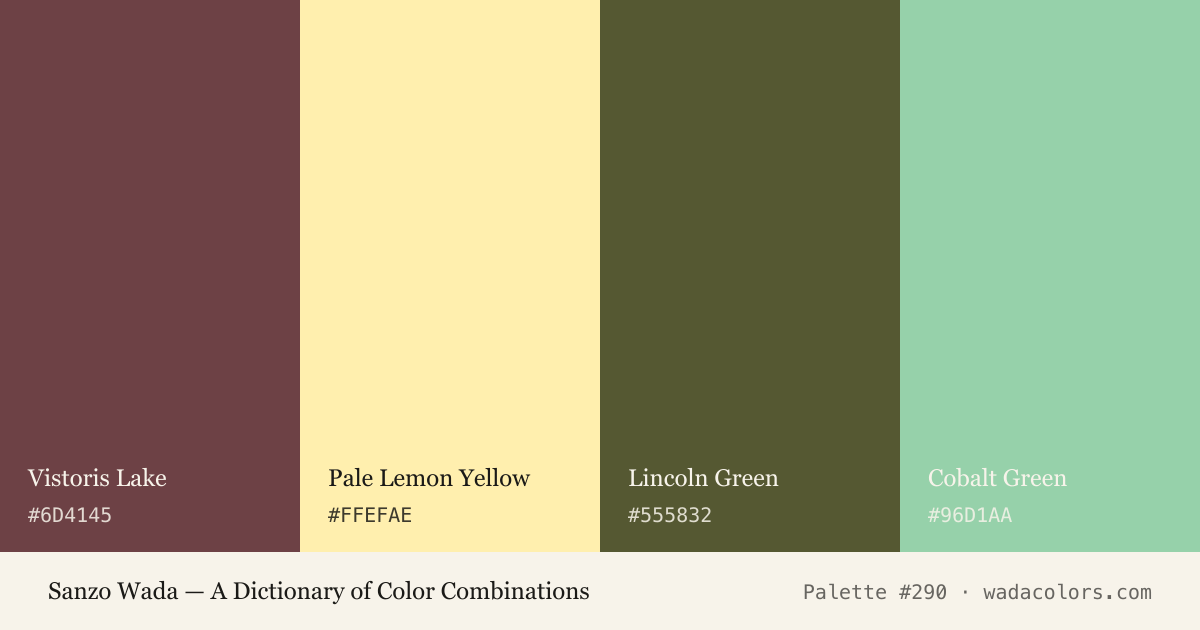 Sanzo Wada color palette #290: Vistoris Lake, Pale Lemon Yellow, Lincoln Green, Cobalt Green, with hex codes