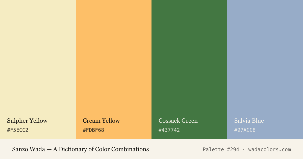 Sanzo Wada color palette #294: Sulpher Yellow, Cream Yellow, Cossack Green, Salvia Blue, with hex codes