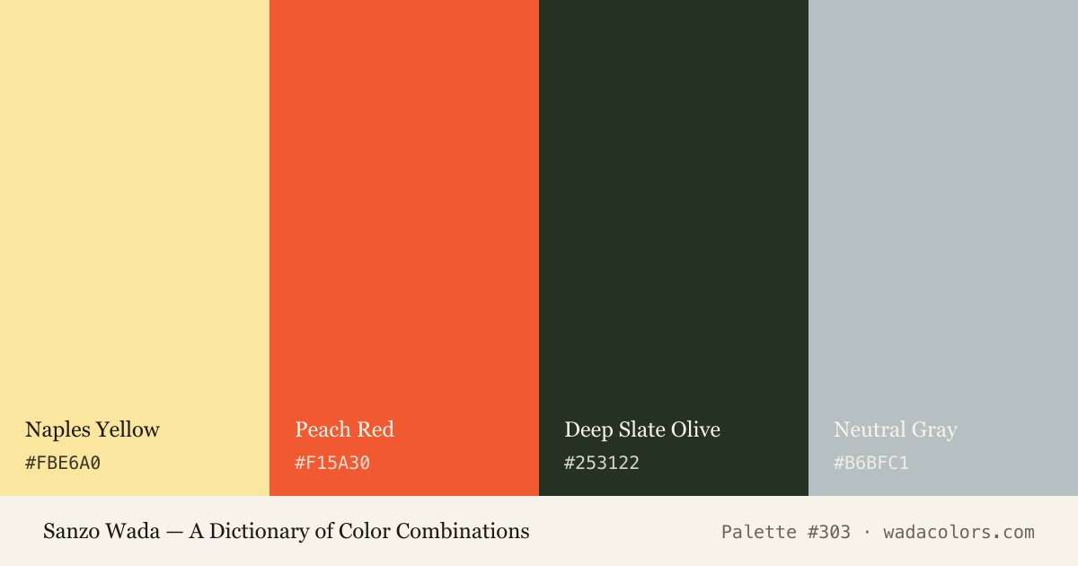 Sanzo Wada color palette #303: Naples Yellow, Peach Red, Deep Slate Olive, Neutral Gray, with hex codes