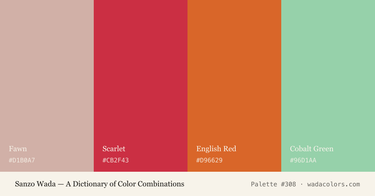 Sanzo Wada color palette #308: Fawn, Scarlet, English Red, Cobalt Green, with hex codes