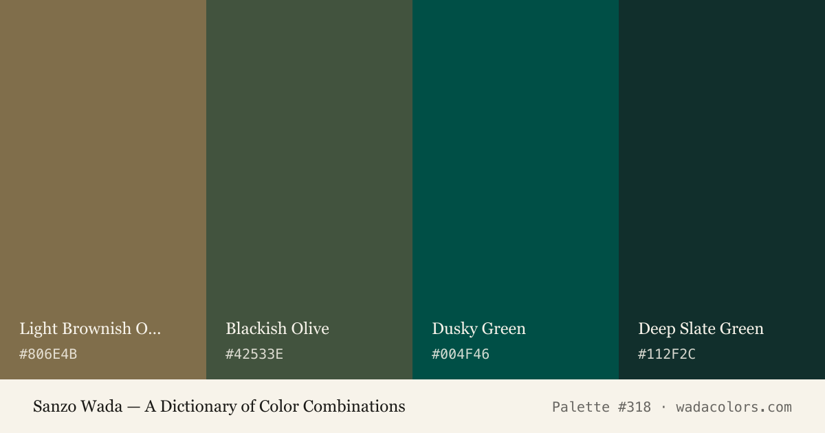 Sanzo Wada color palette #318: Light Brownish Olive, Blackish Olive, Dusky Green, Deep Slate Green, with hex codes