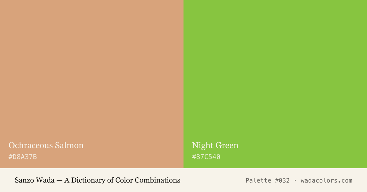 Sanzo Wada color palette #032: Ochraceous Salmon, Night Green, with hex codes