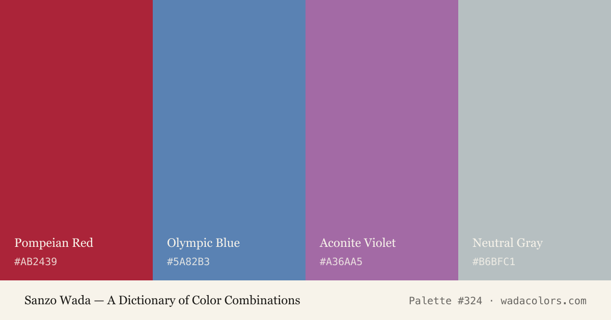 Sanzo Wada color palette #324: Pompeian Red, Olympic Blue, Aconite Violet, Neutral Gray, with hex codes