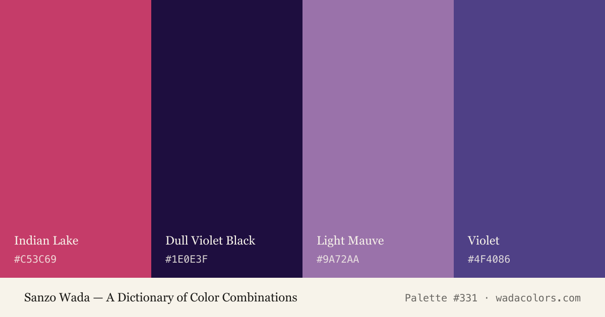 Sanzo Wada color palette #331: Indian Lake, Dull Violet Black, Light Mauve, Violet, with hex codes