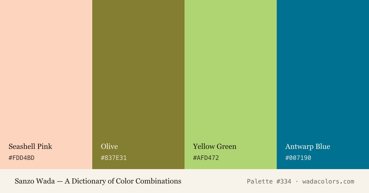 Sanzo Wada color palette #334: Seashell Pink, Olive, Yellow Green, Antwarp Blue, with hex codes