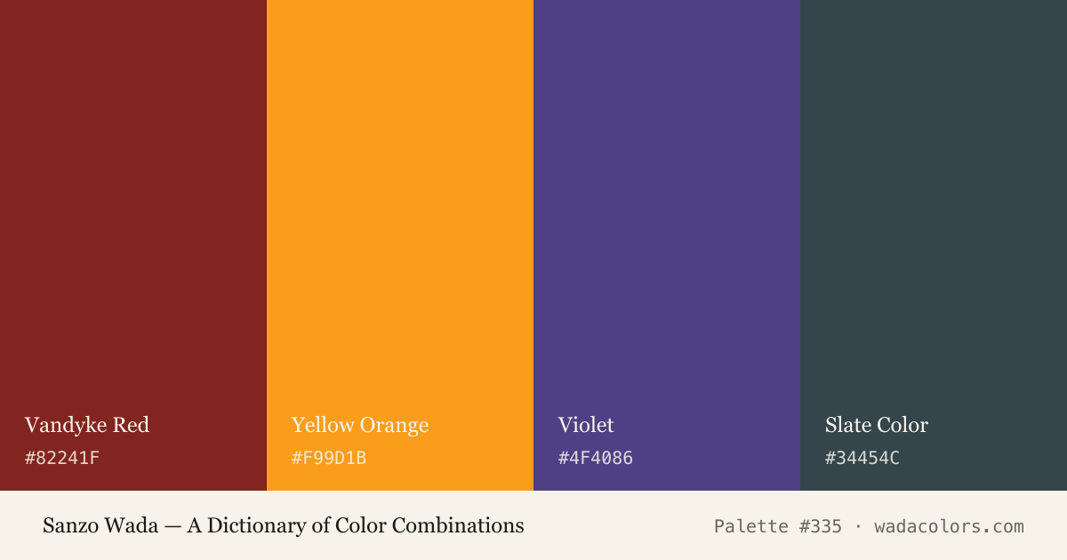 Sanzo Wada color palette #335: Vandyke Red, Yellow Orange, Violet, Slate Color, with hex codes