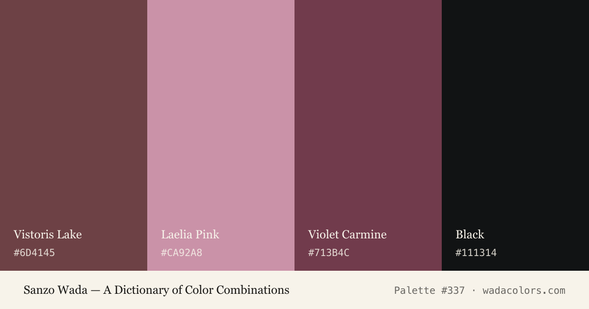 Sanzo Wada color palette #337: Vistoris Lake, Laelia Pink, Violet Carmine, Black, with hex codes