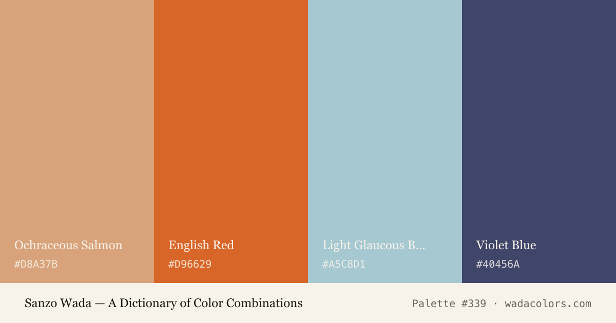 Sanzo Wada color palette #339: Ochraceous Salmon, English Red, Light Glaucous Blue, Violet Blue, with hex codes