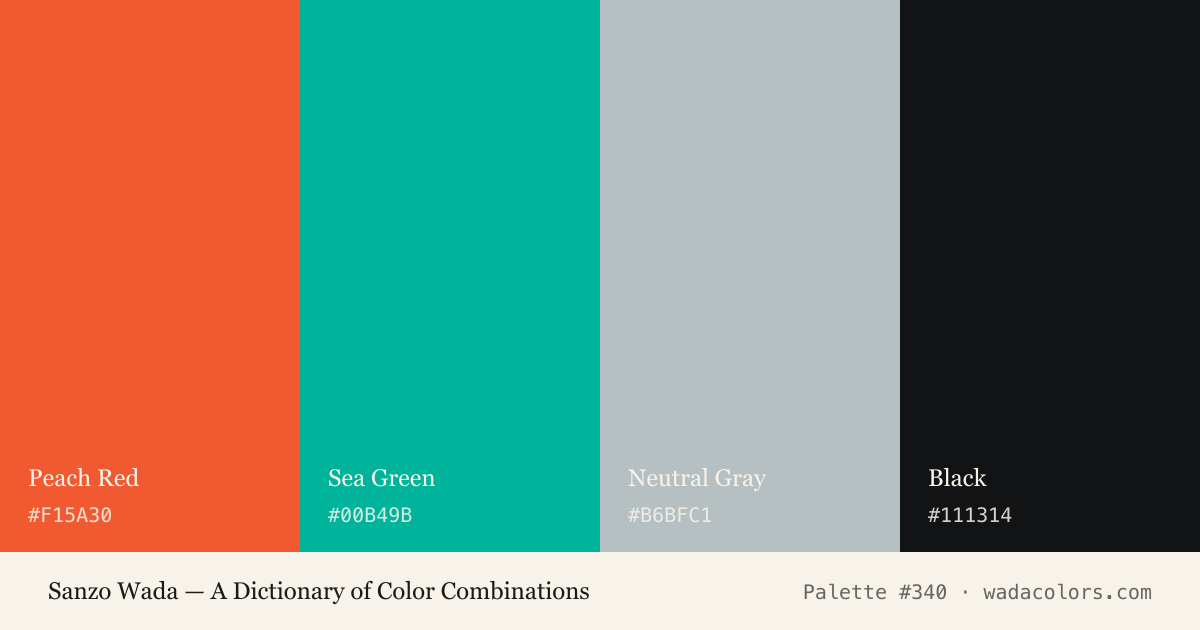 Sanzo Wada color palette #340: Peach Red, Sea Green, Neutral Gray, Black, with hex codes