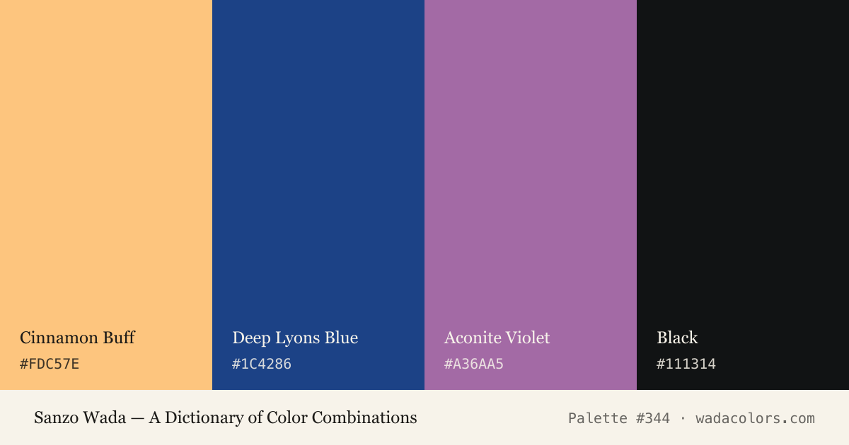 Sanzo Wada color palette #344: Cinnamon Buff, Deep Lyons Blue, Aconite Violet, Black, with hex codes