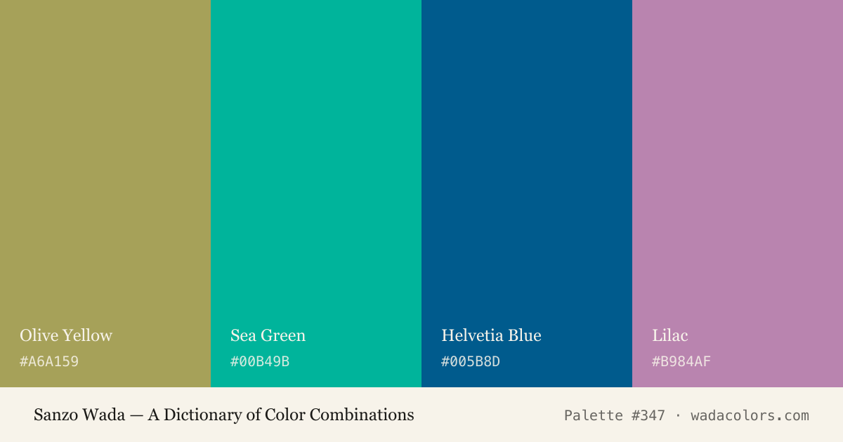 Sanzo Wada color palette #347: Olive Yellow, Sea Green, Helvetia Blue, Lilac, with hex codes