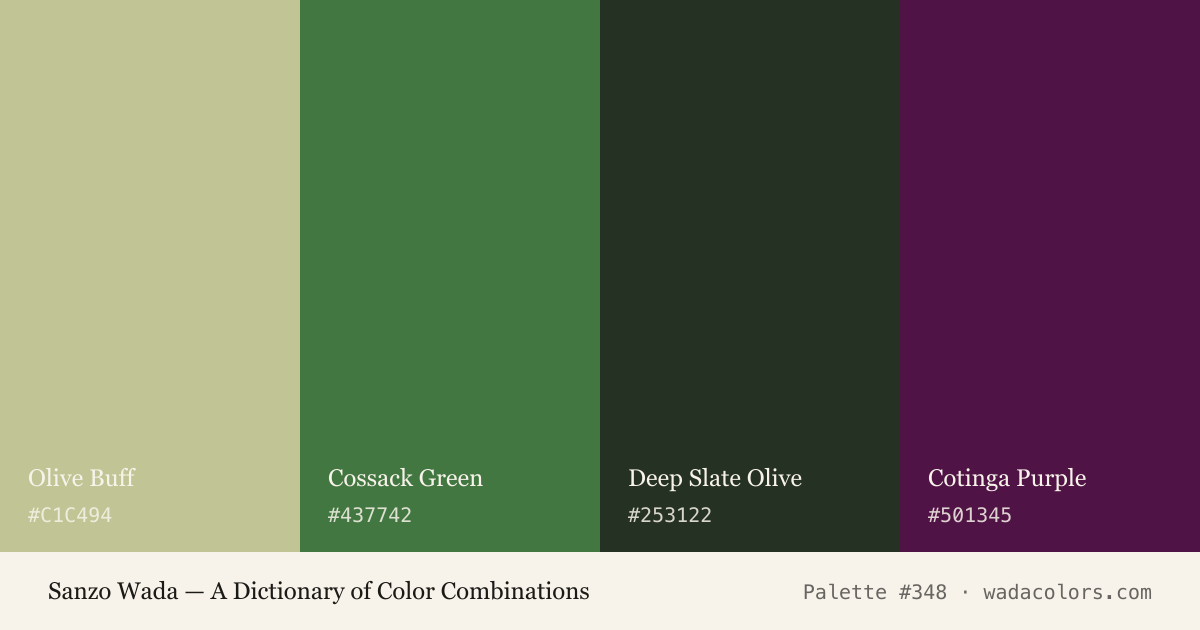 Sanzo Wada color palette #348: Olive Buff, Cossack Green, Deep Slate Olive, Cotinga Purple, with hex codes