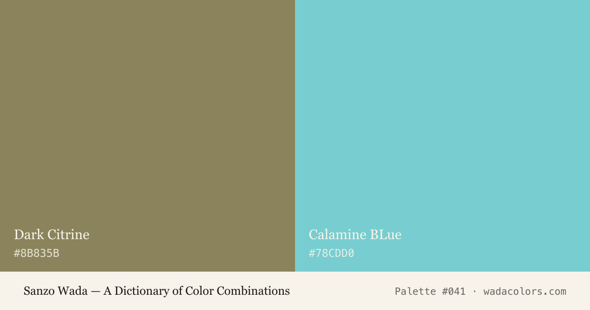 Sanzo Wada color palette #041: Dark Citrine, Calamine BLue, with hex codes