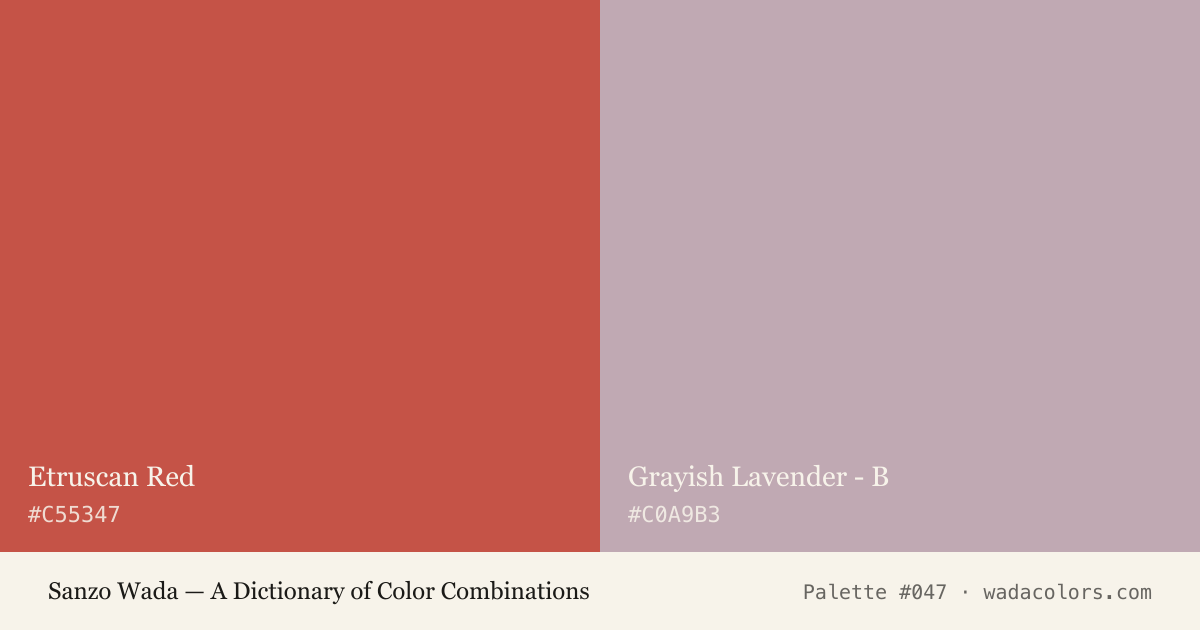 Sanzo Wada color palette #047: Etruscan Red, Grayish Lavender - B, with hex codes