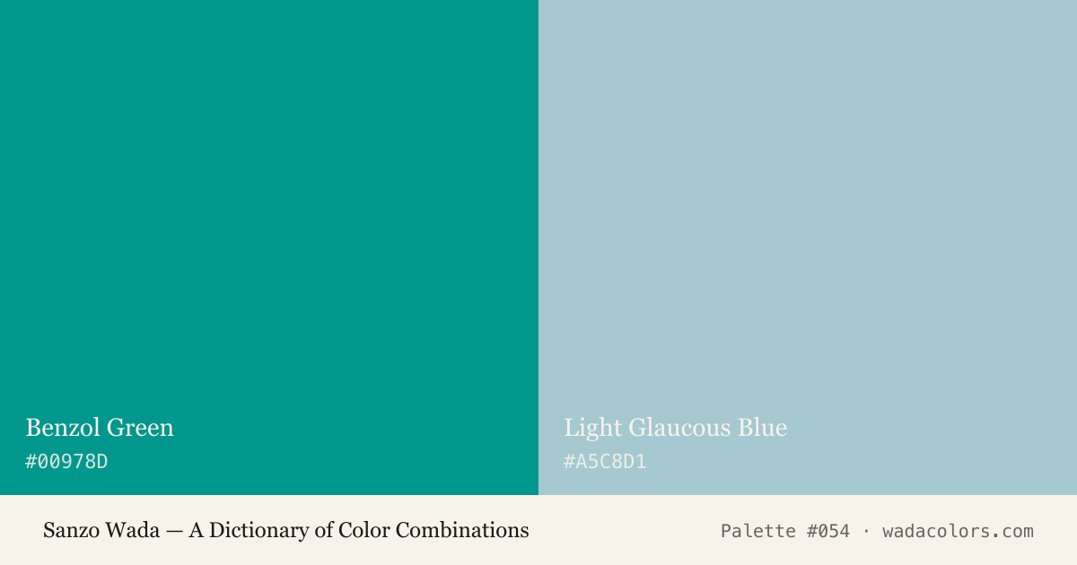 Sanzo Wada color palette #054: Benzol Green, Light Glaucous Blue, with hex codes