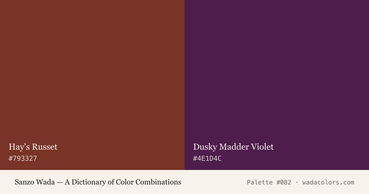 Sanzo Wada color palette #082: Hay's Russet, Dusky Madder Violet, with hex codes