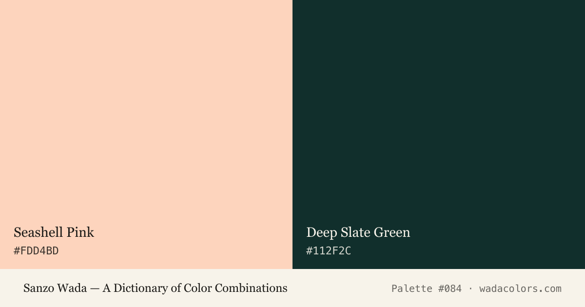 Sanzo Wada color palette #084: Seashell Pink, Deep Slate Green, with hex codes