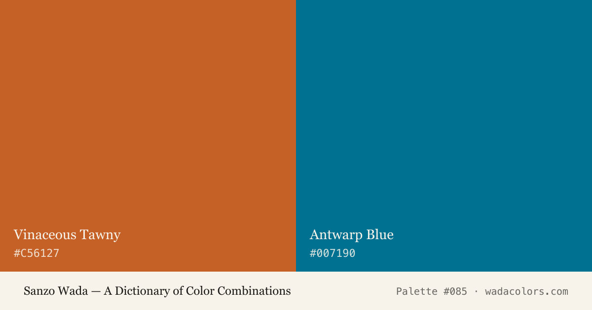 Sanzo Wada color palette #085: Vinaceous Tawny, Antwarp Blue, with hex codes