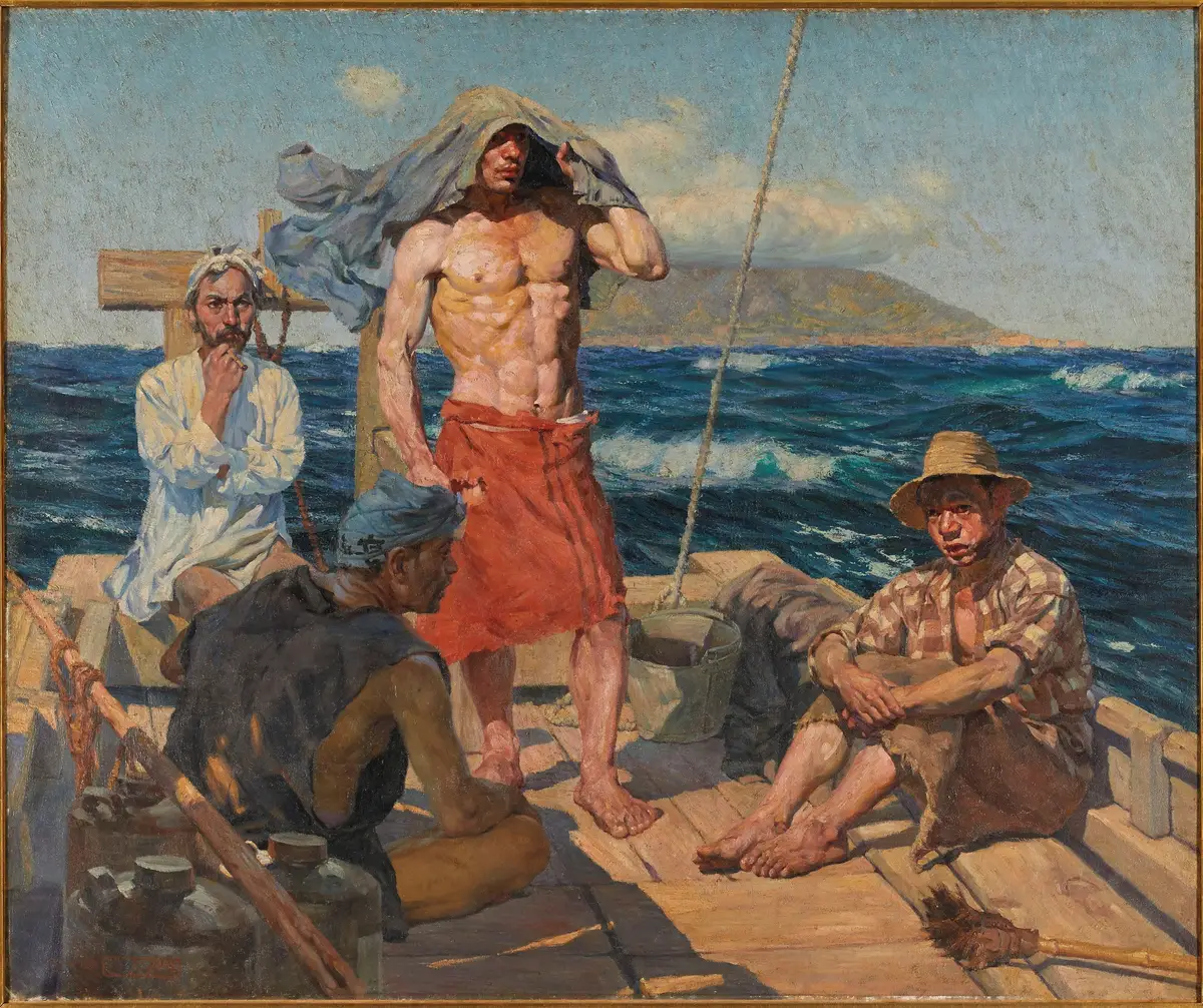 Wada Sanzo's South Wind (1907): four fishermen on a boat deck at sea, one standing bare-chested in a red waistcloth as a blue cloth blows over his head