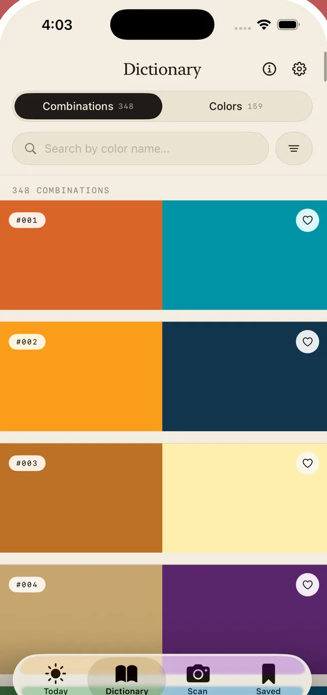 The Wada Colors app showing Wada Sanzo's dictionary of color combinations