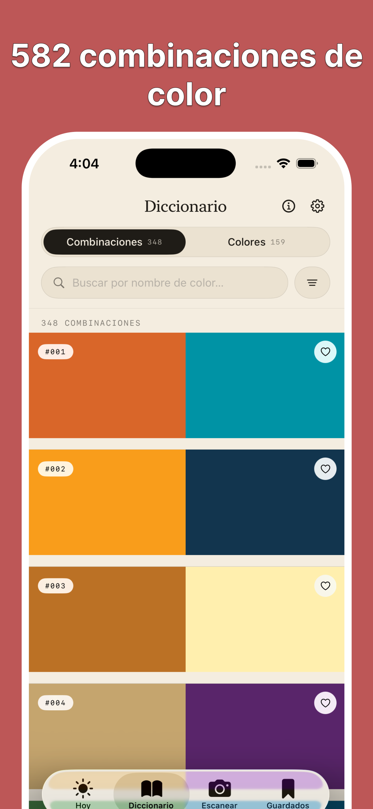 Wada Dictionary of Colors app showing the combination dictionary