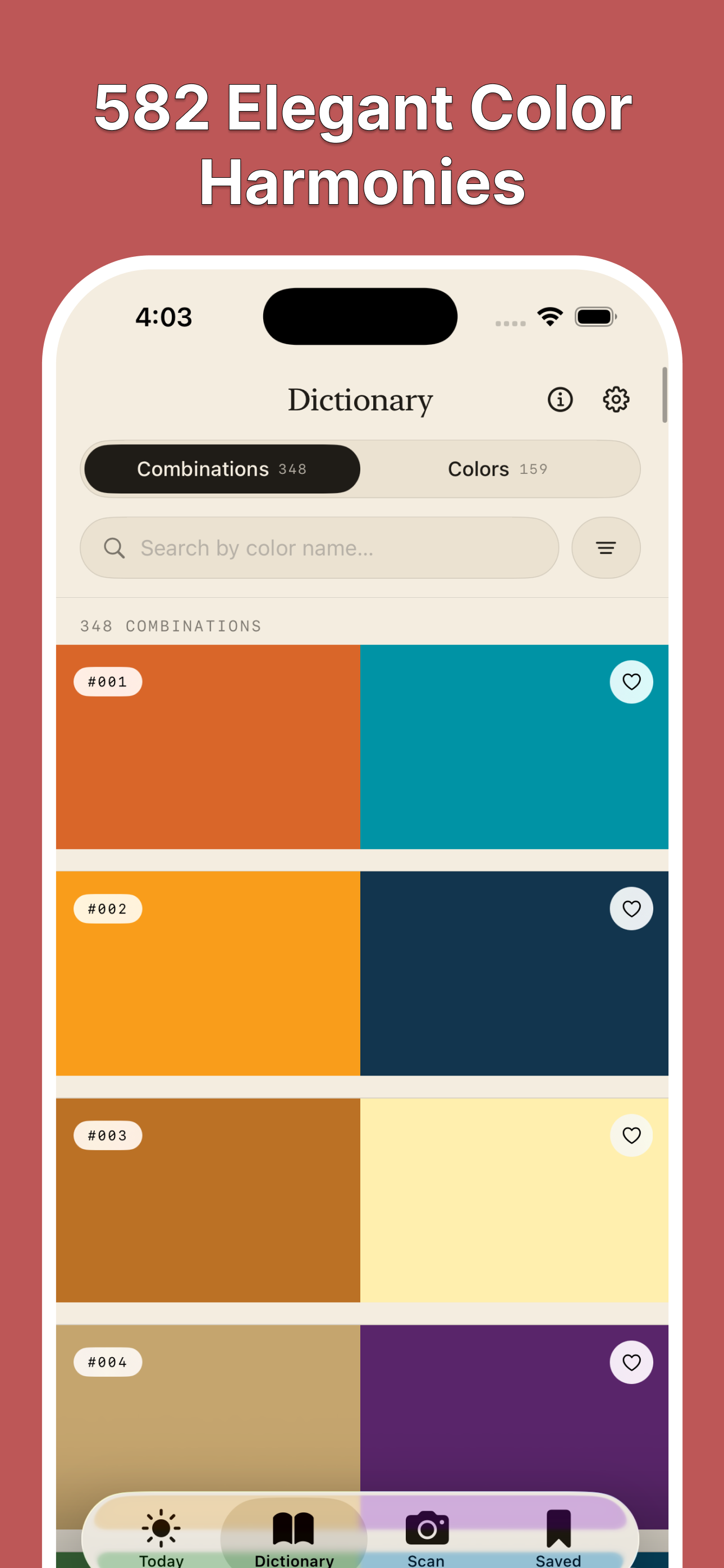 Wada Dictionary of Colors app showing the combination dictionary